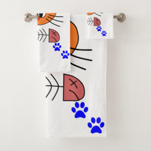 猫+魚+骨+青い+足のバスルームタオルセット バスタオルセット