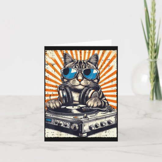 猫 DJ ヘッドホン ターンテーブル ヴィンテージ ミュージック EDM メンズ W カード (正面)