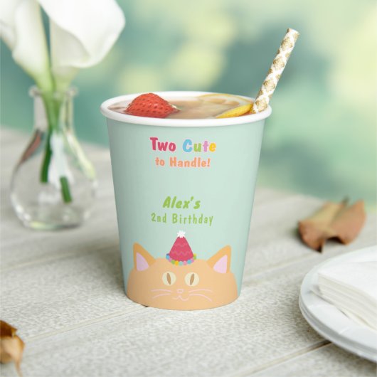 猫「Two Cute to Handle」2歳の誕生日ミントグリーン 紙コップ (インサイチュ)