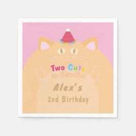 猫 "Two Cute to Handle" 2歳の誕生日 ピンク ペーパー スタンダードカクテルナプキン