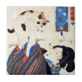 猫、Utagawa Kuniyoshiを持つ日本のな女性 タイル (正面)