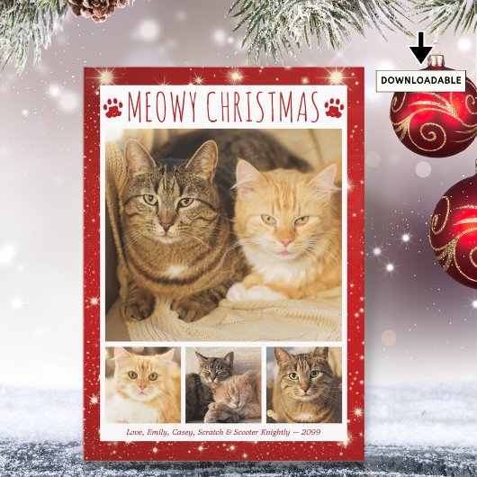 猫MEOWY CHRISTMAS 4 Photos Red Pawprints シーズンカード