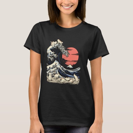 猫Tシャツ 和風猫 神奈川沖波浮世絵 猫切手 Tシャツ (正面)