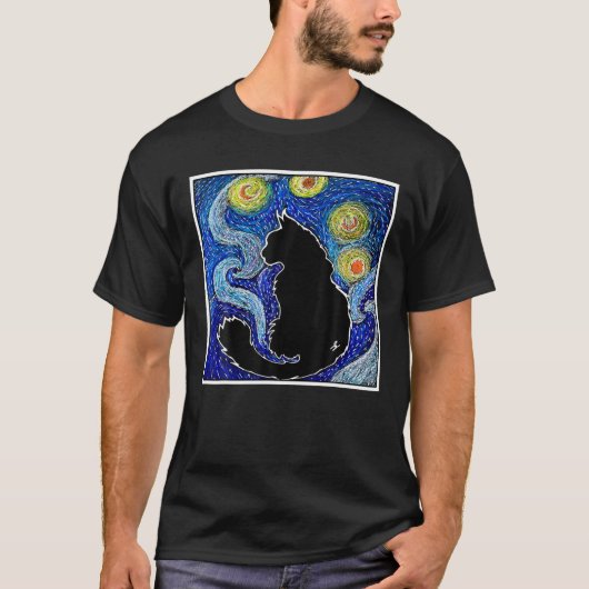 猫T、星空の夜猫、女猫、ファンゴッホ猫 Tシャツ (正面)