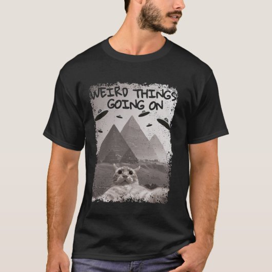 猫UFOミーム - UFOとセルフィーを撮る面白い猫 Tシャツ (正面)