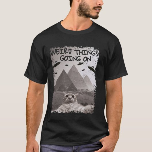 猫UFOミーム - UFOと写る猫の面白自撮り写真 Tシャツ (正面)