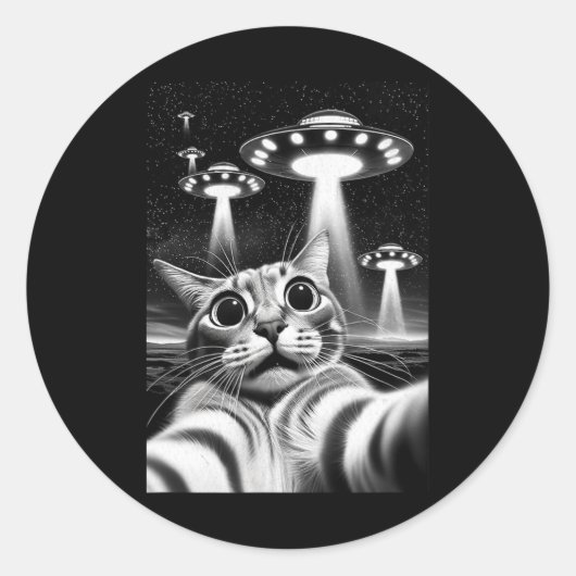 猫Ufo侵入おもしろいミームレトロエイリアン猫Ufo Se ラウンドシール (正面)