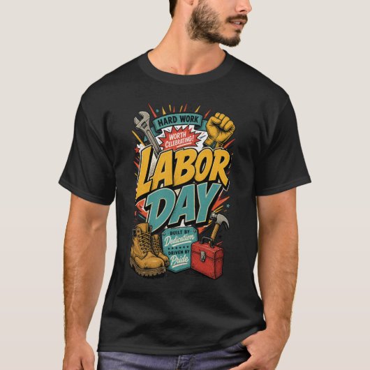 献身と誇りが築く労働者の日 Tシャツ (正面)