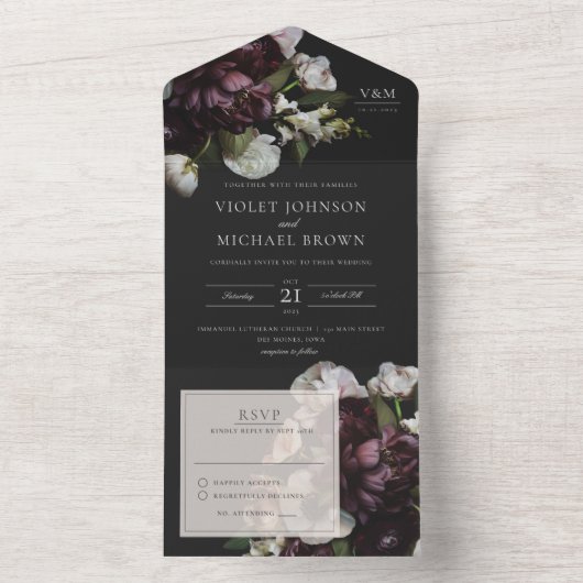 献身的な暗いフローラすべてを1つの結婚式の招待 オールインワン招待状 (内側)