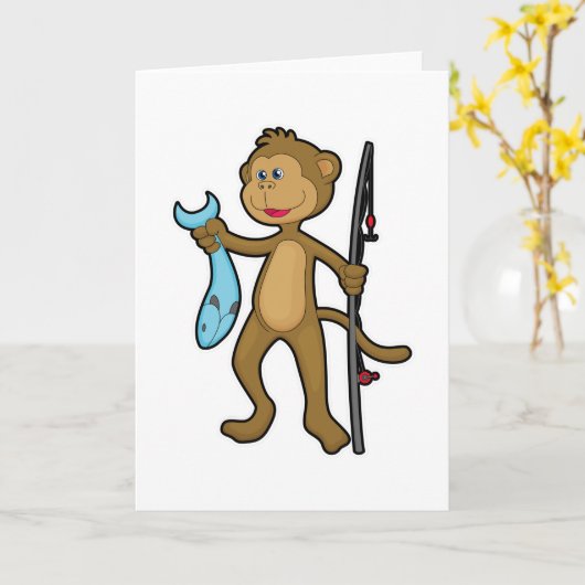 猿が釣竿と魚で釣りを楽しむ カード (黄色い花)