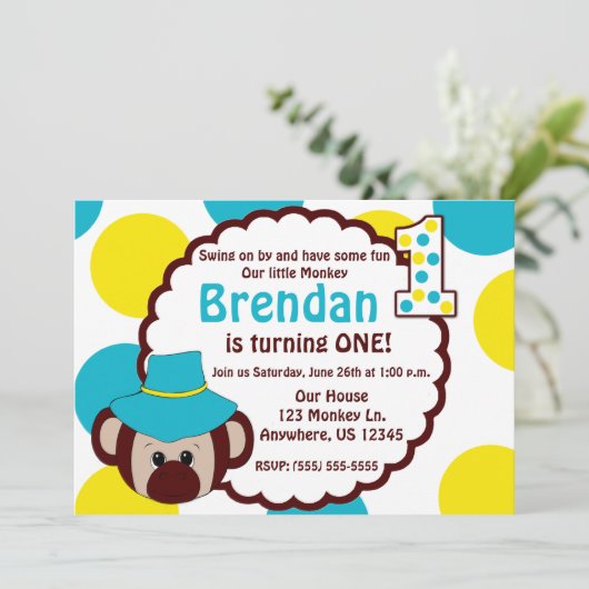 猿のおもしろいの男の子の最初誕生日の招待状 招待状 (スタンド正面)