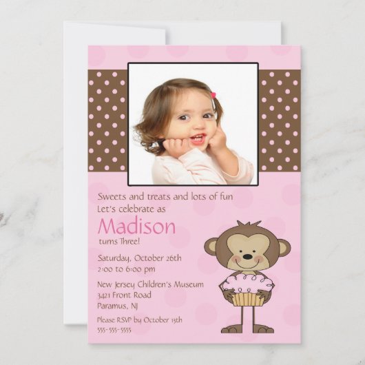 猿のカップケーキの写真の誕生日の招待状 招待状 (正面)
