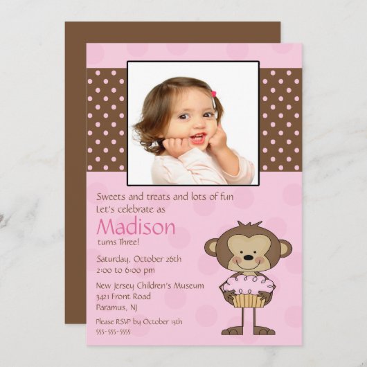 猿のカップケーキの写真の誕生日の招待状 招待状 (正面/裏面)