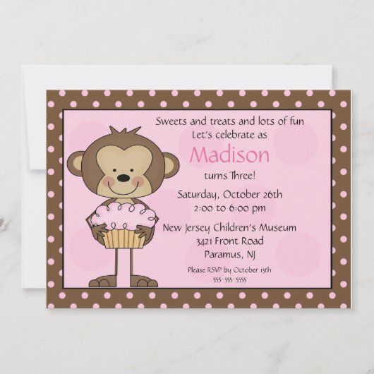 猿のカップケーキの誕生日の招待状 招待状 (正面)