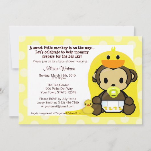 猿のベビーのDuckieのBathのシャワーの招待状 招待状 (正面)