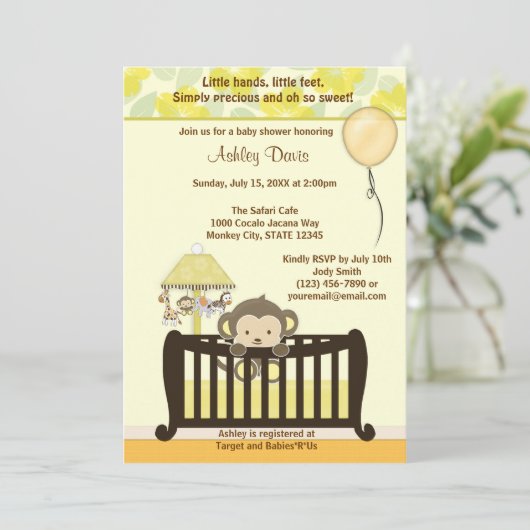 猿のベビーシャワーの招待状のまぐさ桶の黄色CJ-Y 招待状 (スタンド正面)