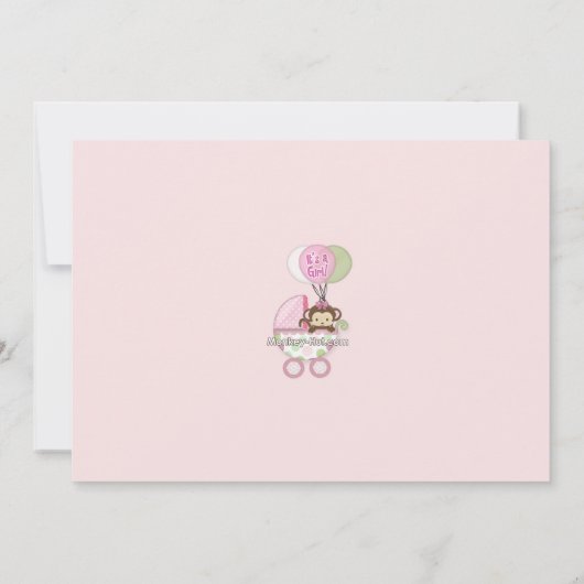 猿のベビーシャワーの招待状のピンクの緑の水玉模様 招待状 (裏面)