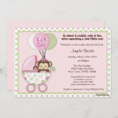 猿のベビーシャワーの招待状のピンクの緑の水玉模様 招待状 (正面/裏面)