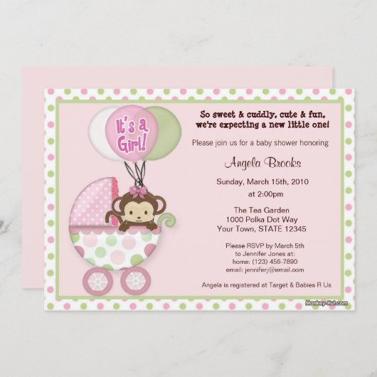 猿のベビーシャワーの招待状のピンクの緑の水玉模様 招待状 (正面/裏面)