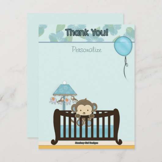 猿のベビーシャワーFLAT#1は青い感謝していしています ノートカード (正面/裏面)