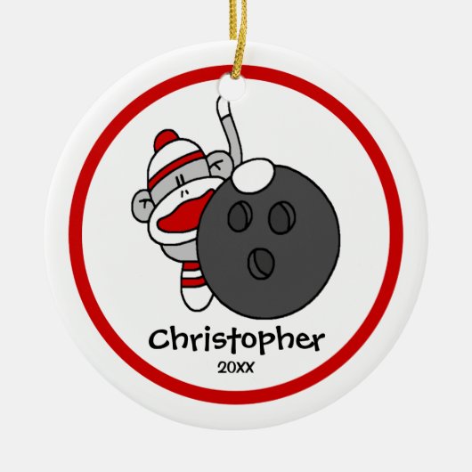猿のボーリングの男の子" sのクリスマスのオーナメント強打して下さい セラミックオーナメント (正面)