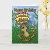 猿の保有物のケーキとのGodsonのハッピーバースデー カード (黄色い花)