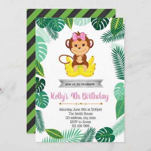 猿の女の子のパーティの招待状 招待状 (正面/裏面)