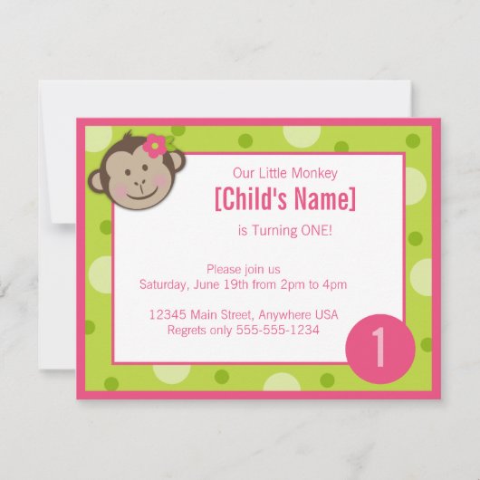 猿の女の子の緑およびピンクの誕生日の招待状4.2 招待状 (正面)