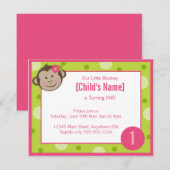 猿の女の子の緑およびピンクの誕生日の招待状4.2 招待状 (正面/裏面)