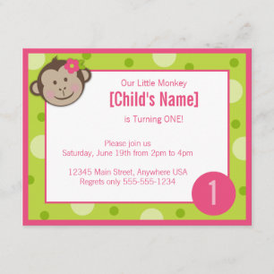 猿の女の子の緑およびピンクの誕生日の招待状4.2 招待状