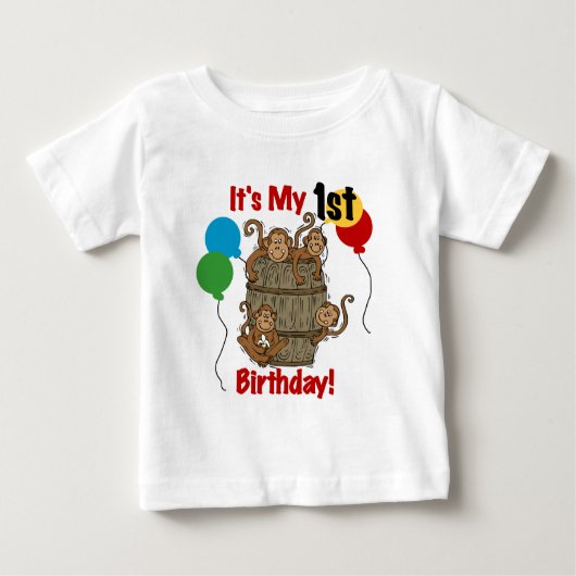 猿の第1誕生日のTシャツおよびギフトのバレル ベビーTシャツ (正面)