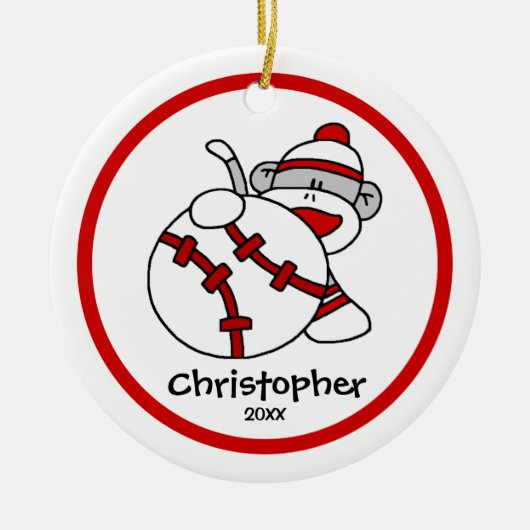 猿の野球の男の子" sのクリスマスのオーナメント強打して下さい セラミックオーナメント (正面)