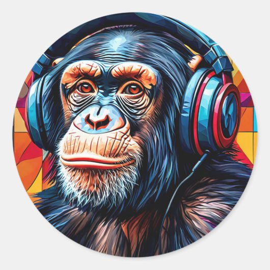 🐵 猿の音楽好きギフト 動物ヘッドホングッズ ラウンドシール (正面)