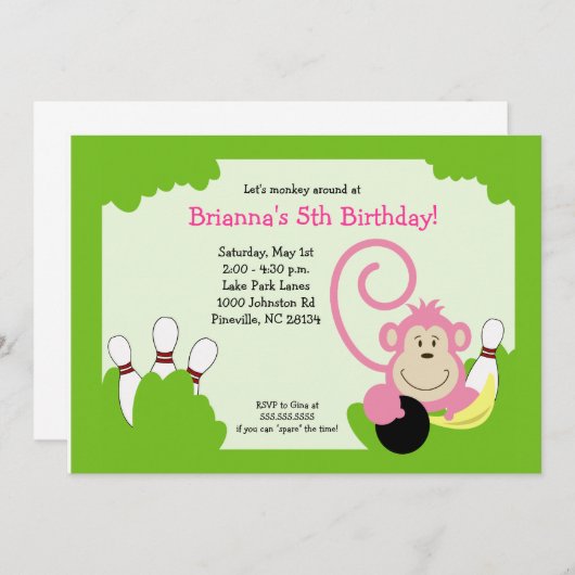 猿ボールのボーリングのパーティーの誕生日5x7 招待状 (正面/裏面)