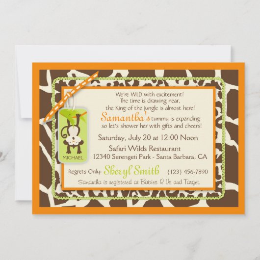 猿及び調停者のサファリのアニマルプリントのベビーシャワー 招待状 (裏面)