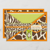 猿及び調停者のサファリのアニマルプリントのベビーシャワー 招待状 (正面/裏面)