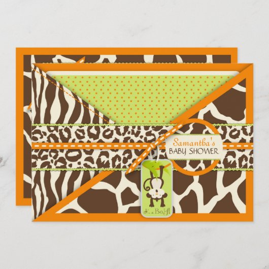 猿及び調停者のサファリのアニマルプリントのベビーシャワー 招待状 (正面/裏面)
