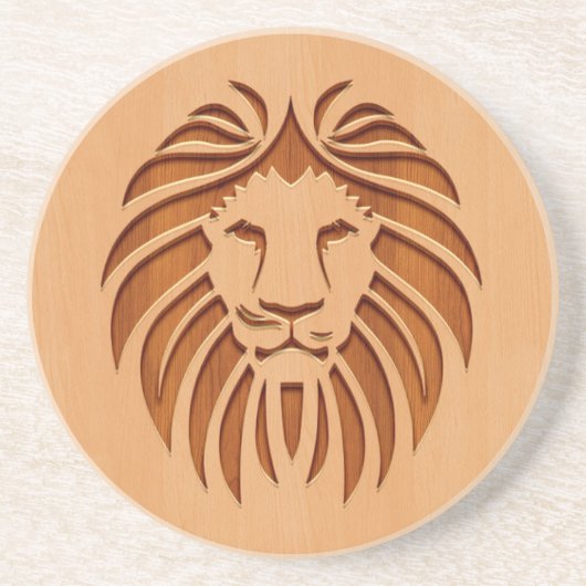 獅子の頭は木に刻まれたデザイン コースター (正面)