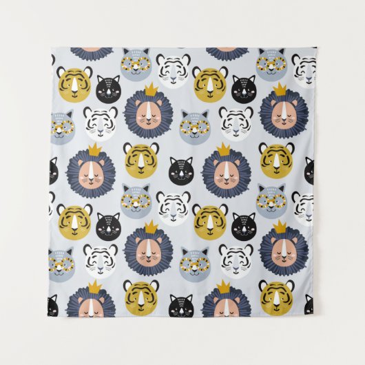 獅子を手描きにした子供じみた継ぎ目のない模様 タペストリー (正面)