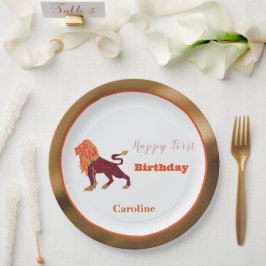 獅子座のゾディアック1歳の誕生日 ゴールドとオレンジの芸術的なデザイン ペーパープレート