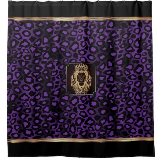 獅子頭を持つ紫と黒のヒョウ柄 シャワーカーテン (正面)