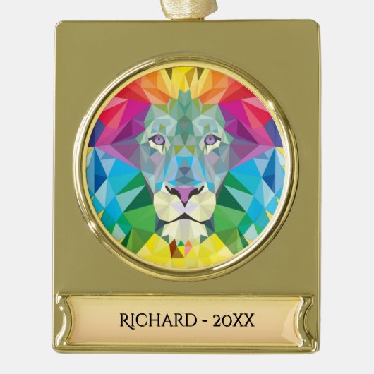 獅子頭レインボーカラーw/日付と年 ゴールドプレートバナーオーナメント (正面)