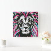 獅子頭壁時計 |青いピンクの獅子時計 スクエア壁時計 (ホーム)