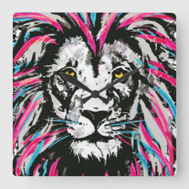 獅子頭壁時計 |青いピンクの獅子時計 スクエア壁時計