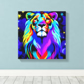 獅子 – ア感動的ートカラフルポップ・アートのポスター キャンバスプリント (インサイチュ (ウッドフロア))