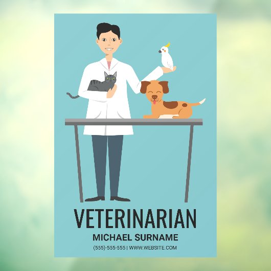 獣医が青に青く可愛い動物と文字 ウィンドウサイン (シート3)