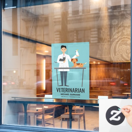 獣医が青に青く可愛い動物と文字 ウィンドウサイン (カフェ窓)
