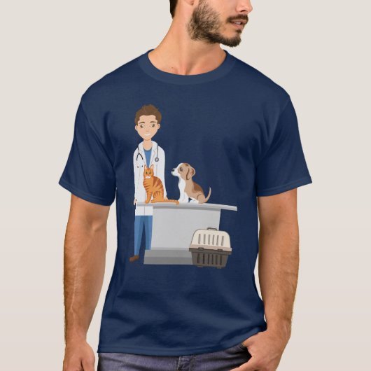 獣医さんとペットの猫と犬のいる動物病院 Tシャツ (正面)