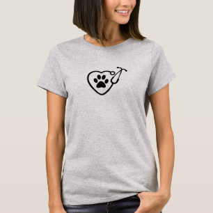 獣医のハートの聴診器の足のプリントのTシャツ Tシャツ