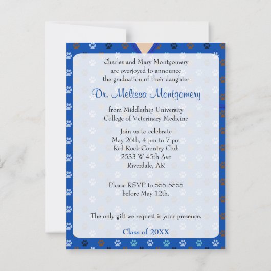獣医の卒業発表(青) 招待状 (裏面)